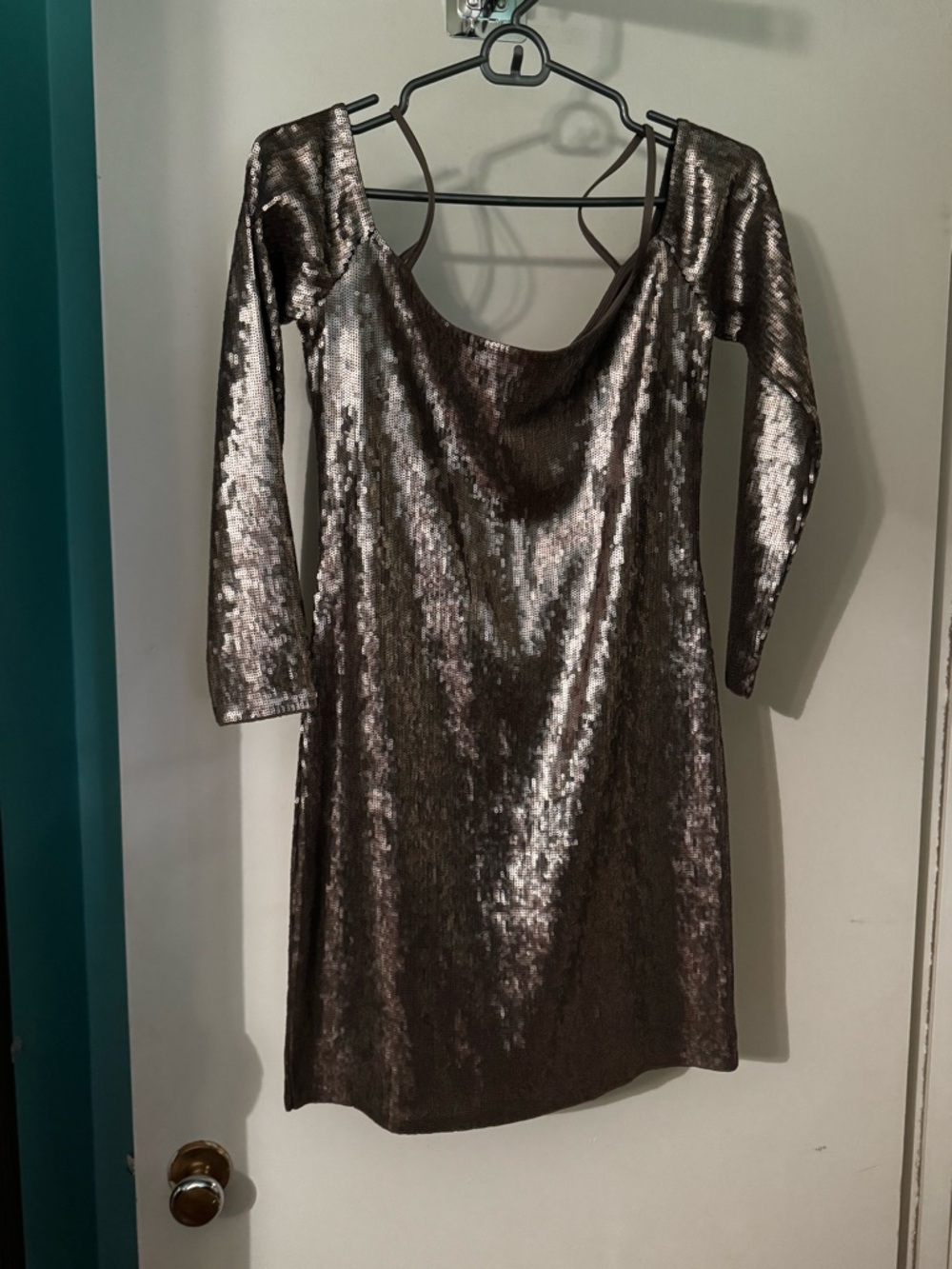 Express Metallic Bronze Sequin Long Sleeve Dress